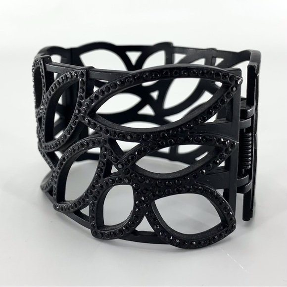Black Rhinestone Encrusted Hollow Leaf Patterned Hinged Cuff Bracelet - Picture 3 of 14
